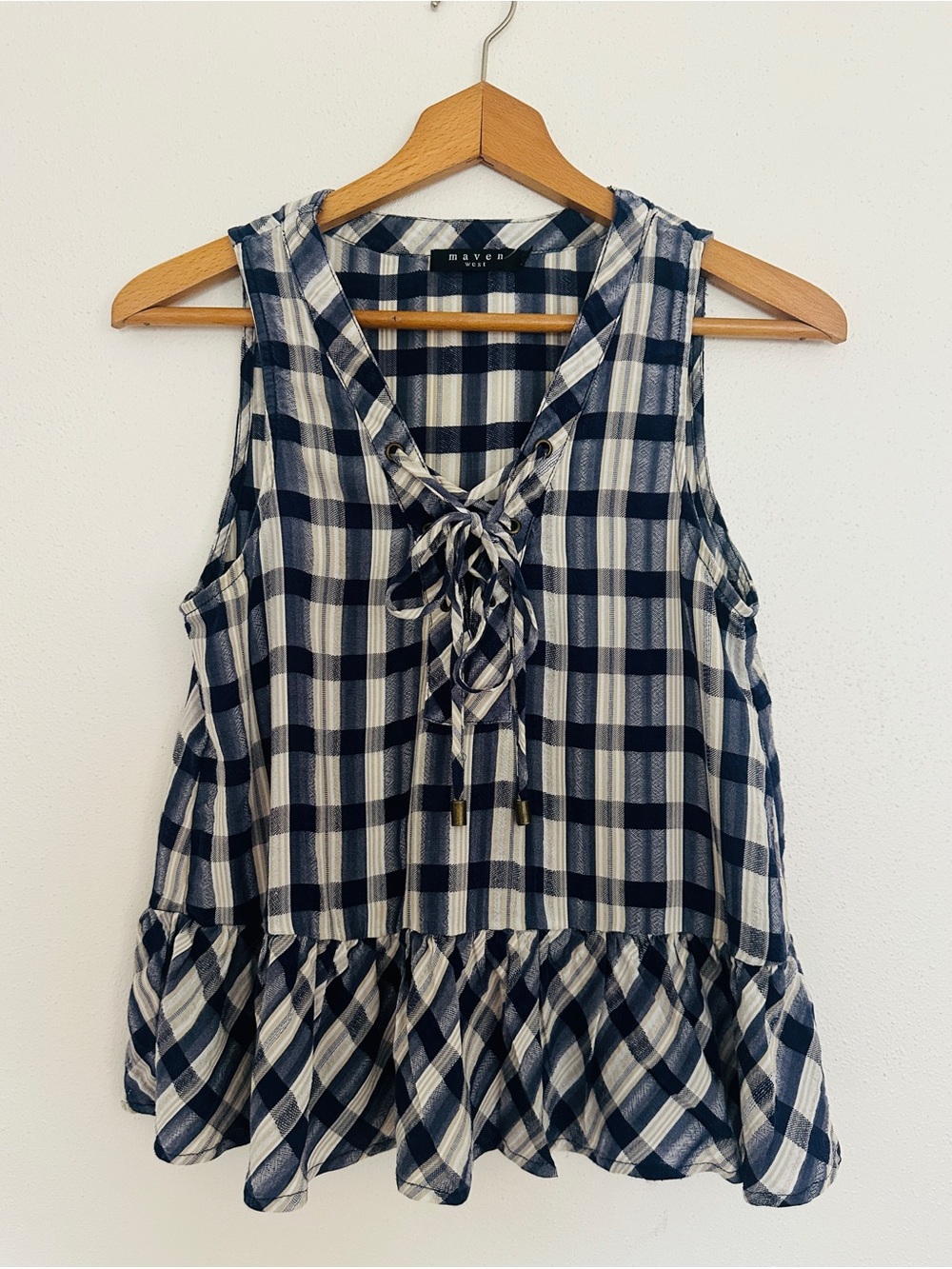 Maven West Plaid Gingham Lace Up Peplum Tank Top XS
